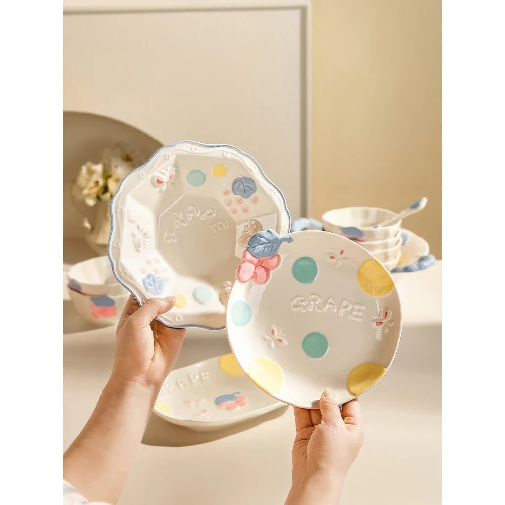 Cute Pattern Ceramic Plates Print Round Deep Tableware