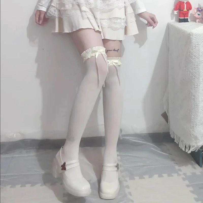 Women Lace Black White Ruffle Long Socks Women Girls Sweet Stockings Lolita Nylon Lace Leggings Over The Knee Bowknot Hosiery