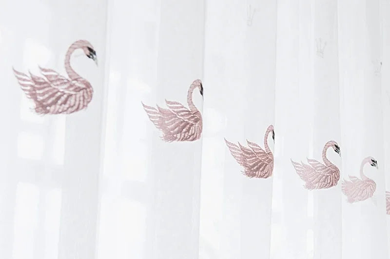 Pink Swan Embroidered Curtain, Sheer Tulle Curtains for Home Decoration Voile Drapes