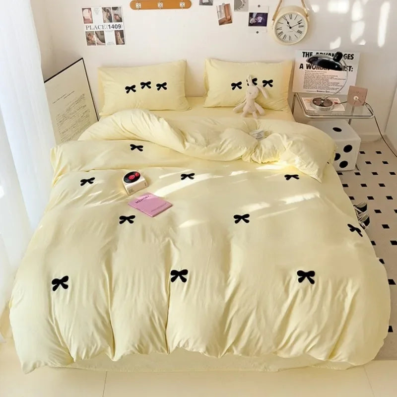 Girls Bedding Set with Bow Korean Breathable Duvet Cover No Filler Flat Sheet Pillowcases Mix Color Comforter Cover Set