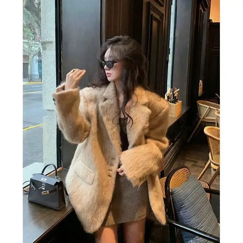 Fashion Woolen Jacket Women Winter V Neck Mohair Buttons Single Breasted Pockets Coat Ladies Office Street Casual Outerwear