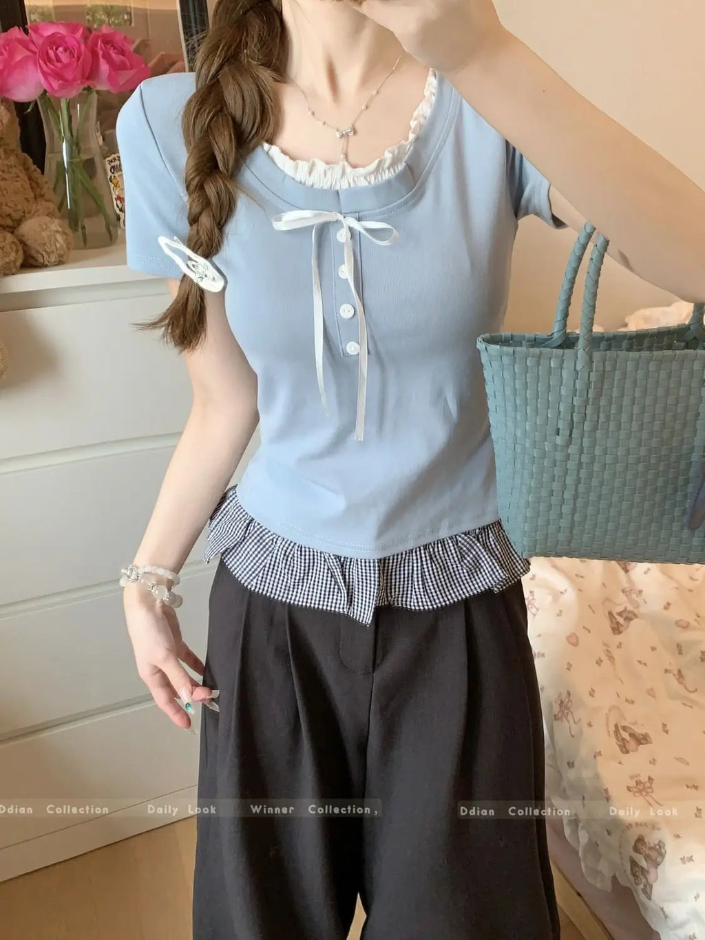 Sweet Style Fake Two-piece Bow Sweet Girl Top Short Sleeve T-shirt Slim Fit