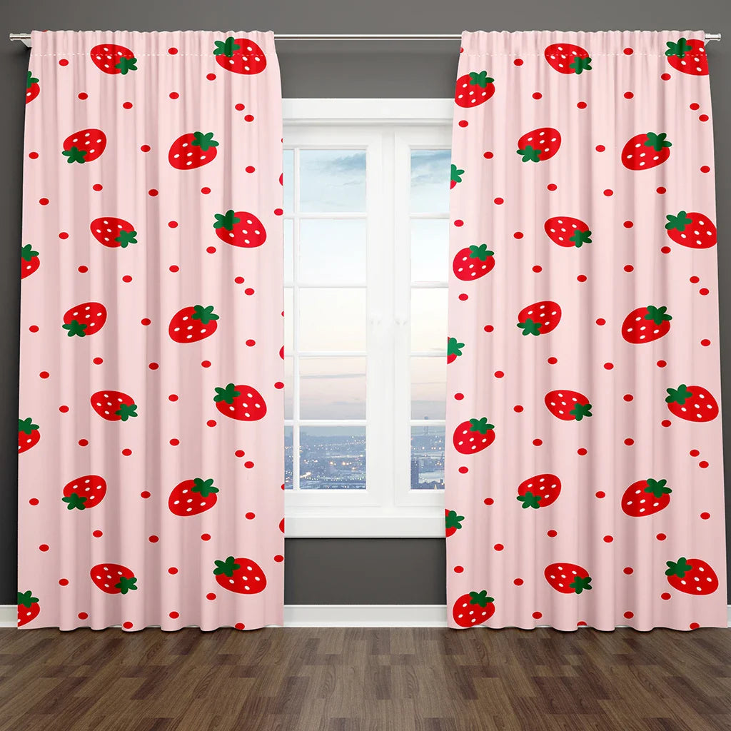 Strawberry Curtain Pink Cute Fruit Print Curtain Kawaii Room Decor Strawberries 1Set/2Pcs