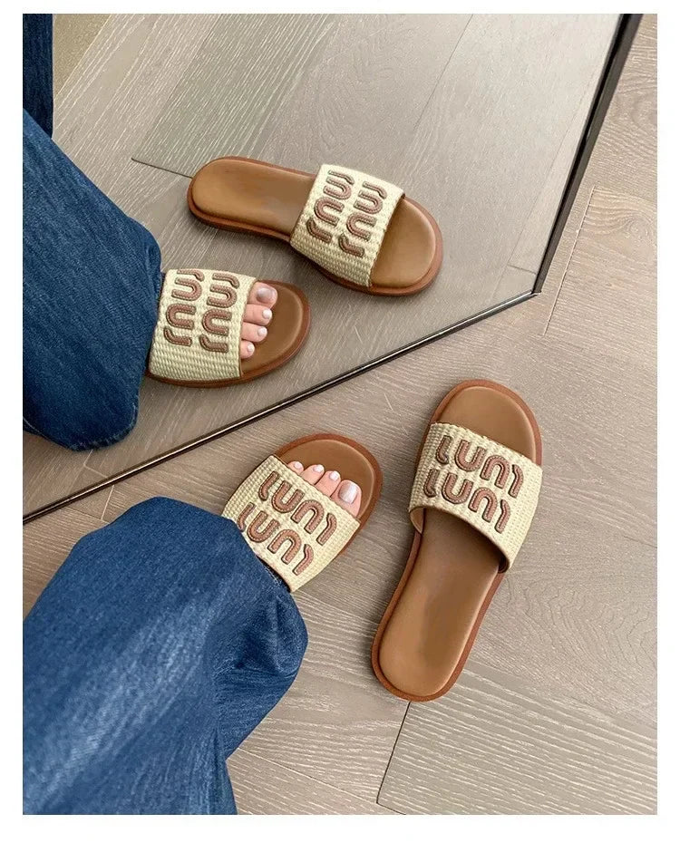 Vintage Woven Women's Sandals Fashion Letter Woven Flat Slippers