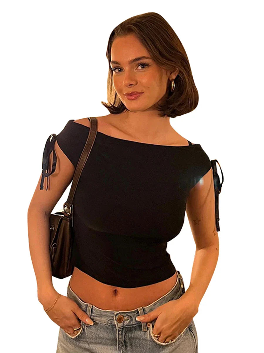 Summer Solid Color Sexy Off Shoulder Tops Lace Up Sleeveless T-Shirt Casual Slim Crop Top  Black Short Sleeve Women