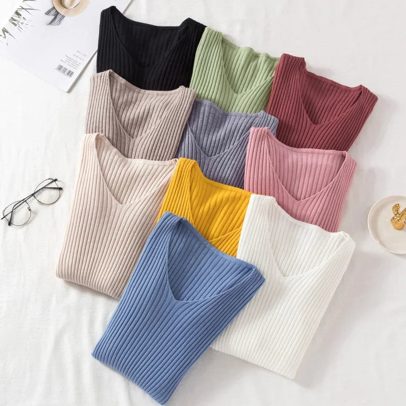 Women Sweaters Casual Long Sleeve Knitted V Neck Pullover Sweater Femme Basic Solid Jersey Tops Fashion Clothes