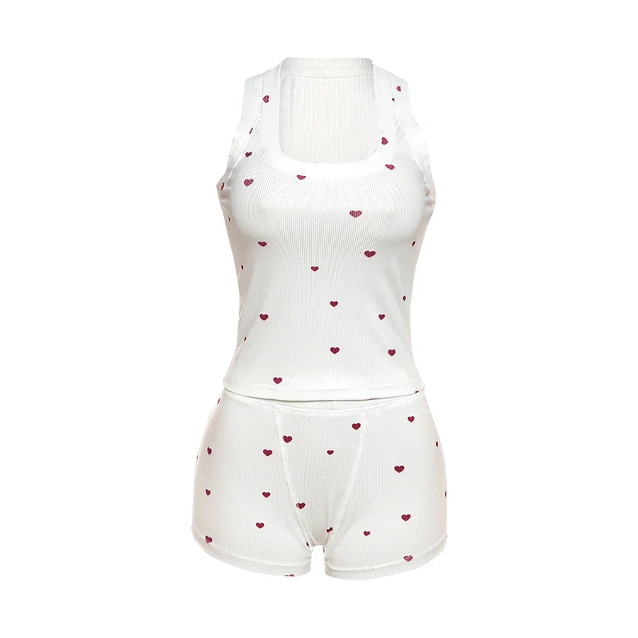 Comfortable Heart Print 2 Piece Set Women Square Collar Sleeveless Crop Tops+Stretch Shorts Sweet Fashion Outfits