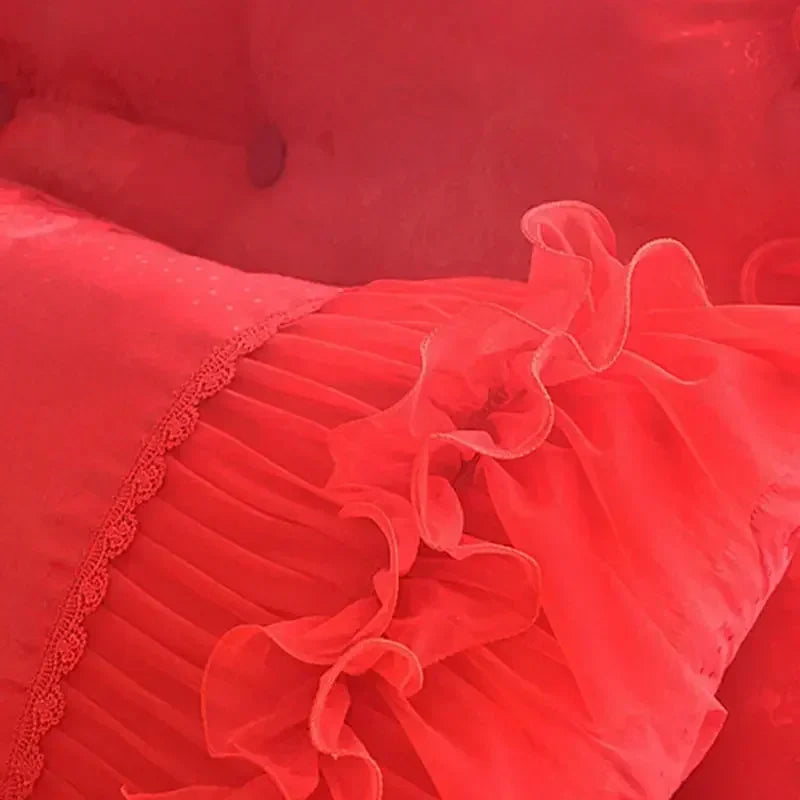 Pink Jacquard Satin Bedspread Bedding Set Luxury Princess Wedding Bed Set Lace Ruffle Duvet Cover Bed Skirt Pillowcases Cotton