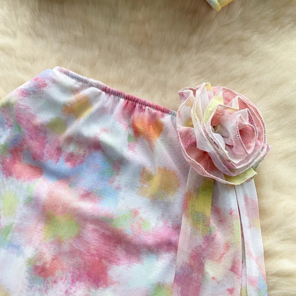 Flower Strapless Halter Tank Top and Split Ribbon Skirt Two Piece Set