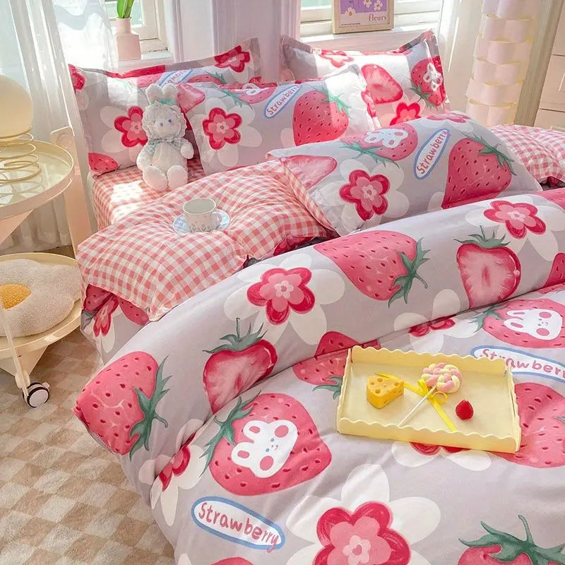 Cute Cartoon Bedding Set New No Filler Ins Soft Duvet Cover Flat Sheet Pillowcases Comforter Cover