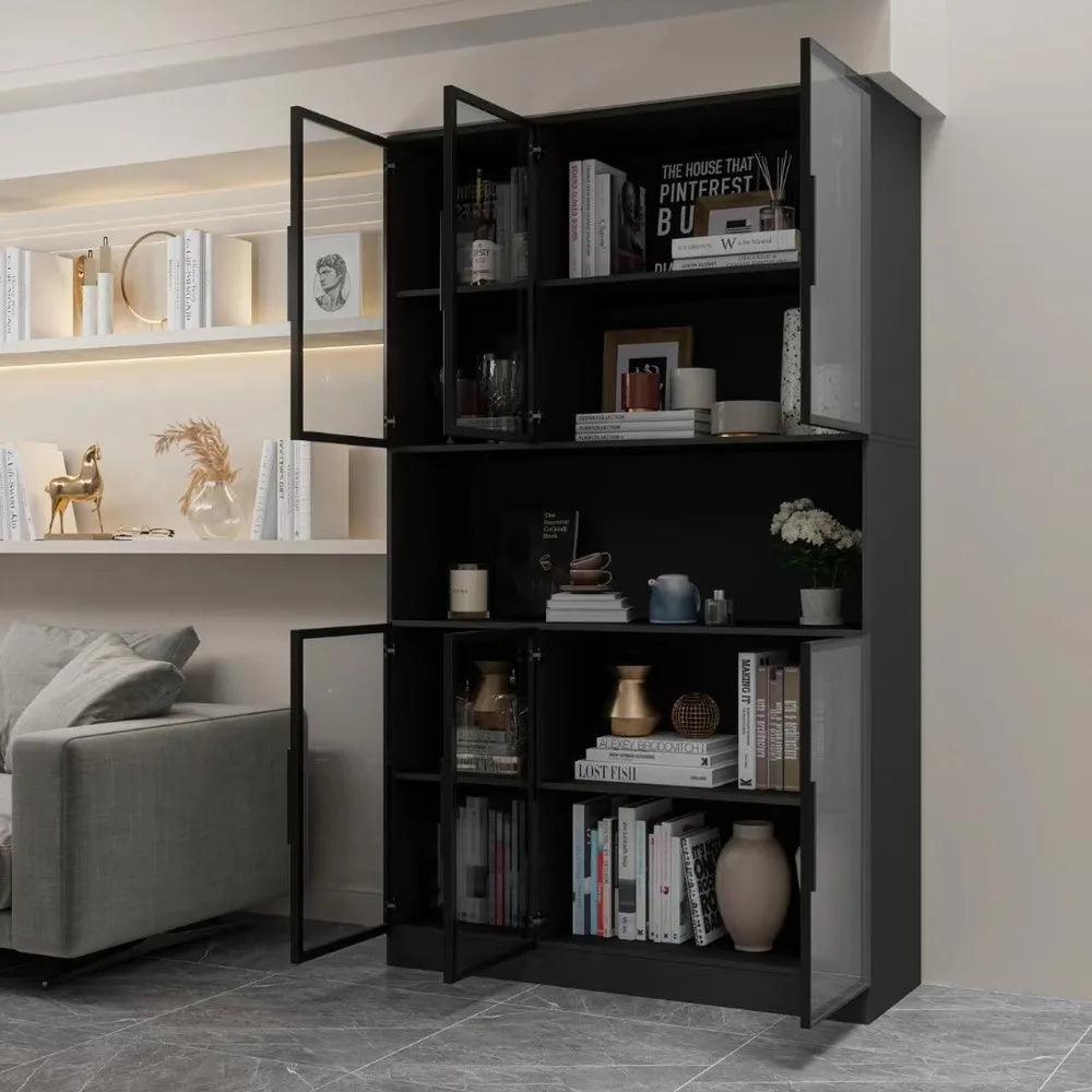 Glass Doors Display Cabinet with Lights and Shelves, Storage Cabinets Morden Bookcase Trophy Case Display Cabinet with Hutch for