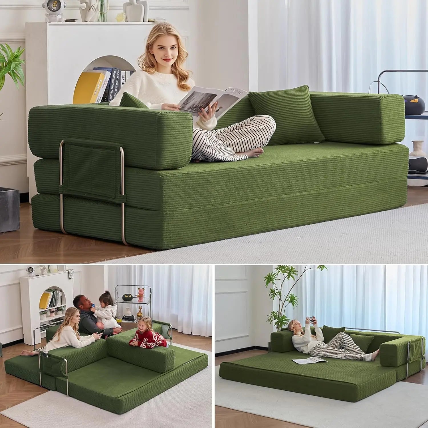Combination Modular Sofa Living Room Folding Sofa Bed Convertable Corduroy Couch Floor Sleeper 4-in-1 Comfy Foldable Lazy