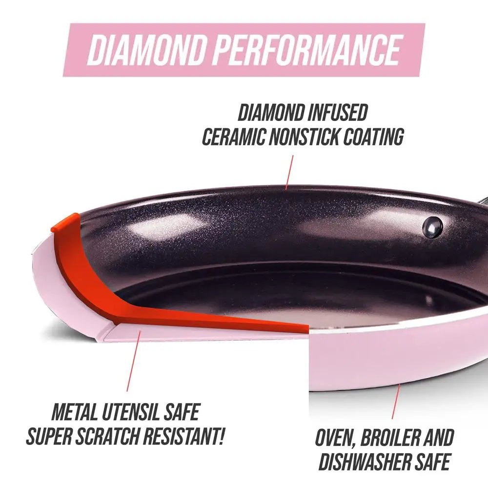 Nonstick Diamond Ceramic Cookware Set Pink Pot Pan Stockpot Frypan Utensils Ladle