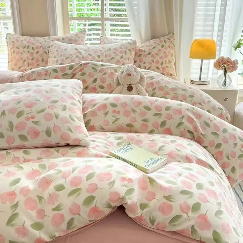 Pink Bedding Set Twin Full Queen Duvet Cover Girls Floral Bed Flat Sheet Pillowcase