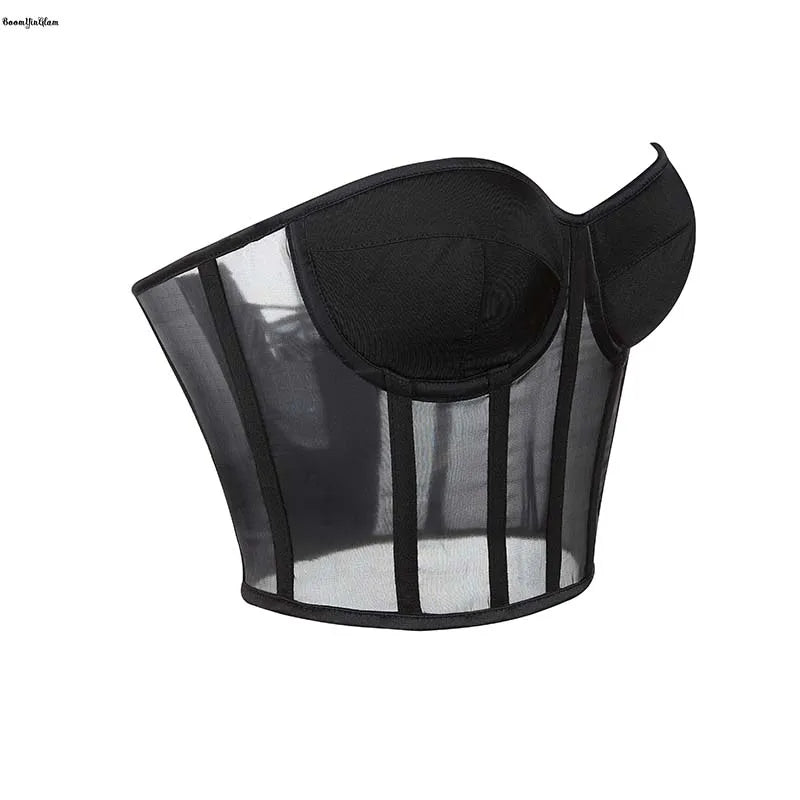 Summer Translucent Corset Women's Mesh Crop Top Black Padded Bra Bustier
