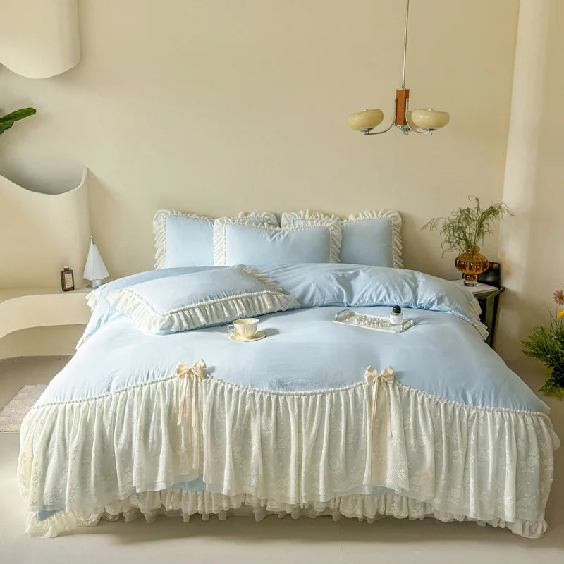 Princess Lace Bow Bedding Set Sweet Girl Chiffon Ruffles Duvet Cover Bed Sheet Pillowcase