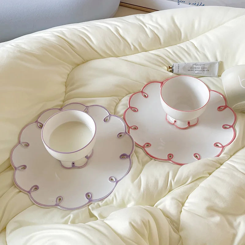 Ceramic Plate Floral Shape Solid Color Hollow Out Flat Dinnerware Afternoon Tea Cake Cookies Dessert Plates