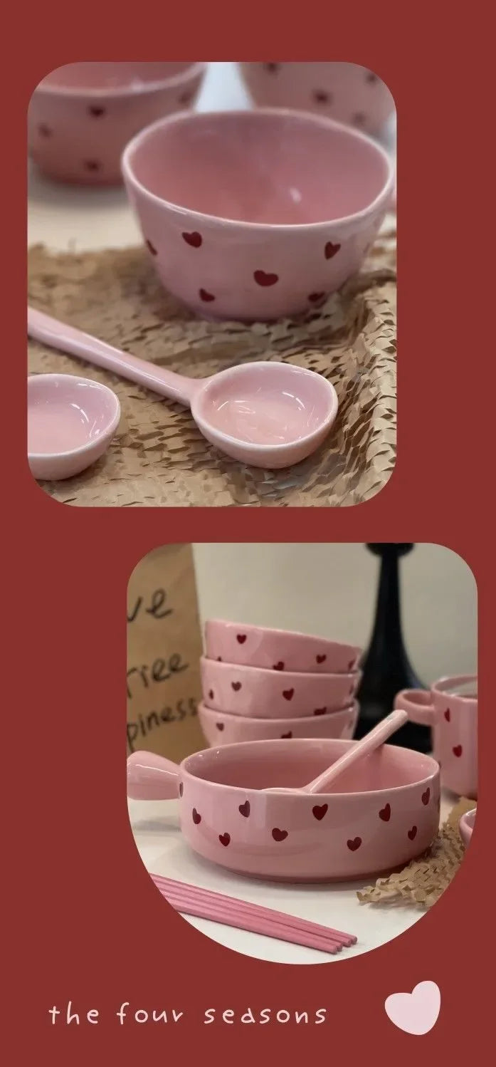 Pink Love Cutlery Set Rice Bowl Ceramic Double Ear Instant Noodle Soup Bowl Hand Paired Spoon Combination Noodle Bowl