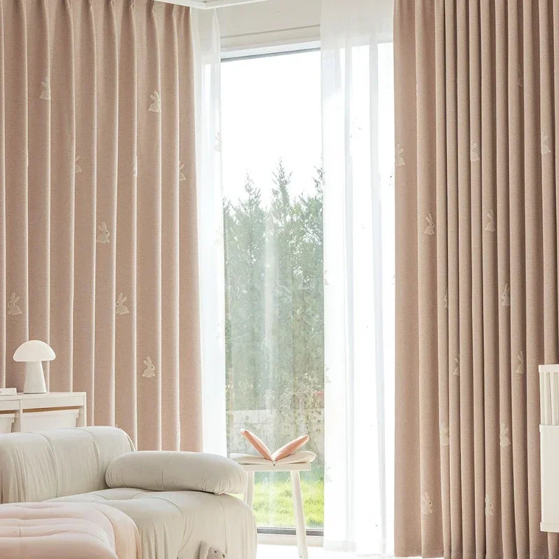 Pink Cartoon 3D Embroidered Rabbit Blackout Curtains for Living Room Bedroom Girls Room Sticky Chenille Drapes Home Decor