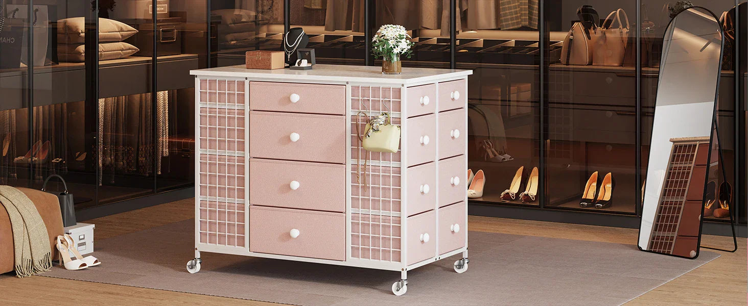 Pink Dresser for Bedroom with Wheels & 40"* 23" Wide Wooden Top,Dresser & Chests of Drawers