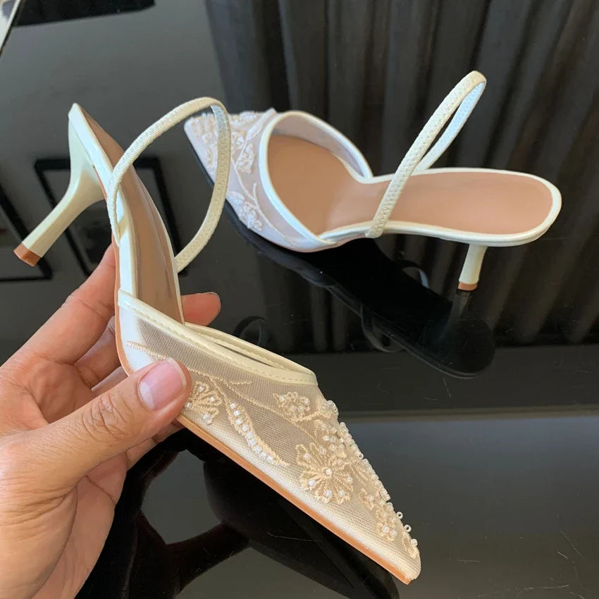 Brand Designer White Women Pumps Mesh Embroidered Flowers Back Strap Sexy Slingback High Heels