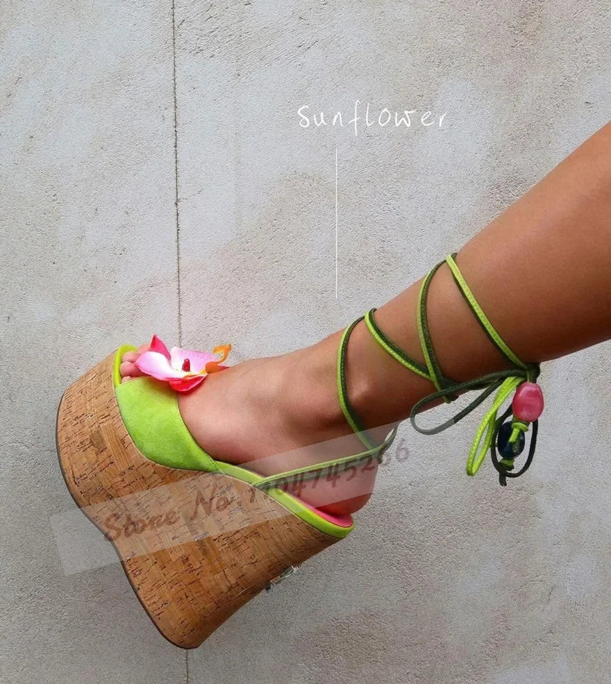 Ladies Cork Platform Pink Flower Sandals Wooden Wedged Heel Pink Blossom Dress Shoes Lace-Up Slingback Pumps