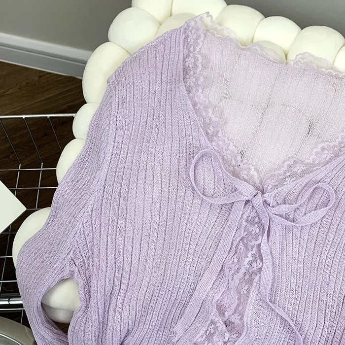 Lace Knitted Cardigans Long Sleeved Short Lace-Up Thin Shawl