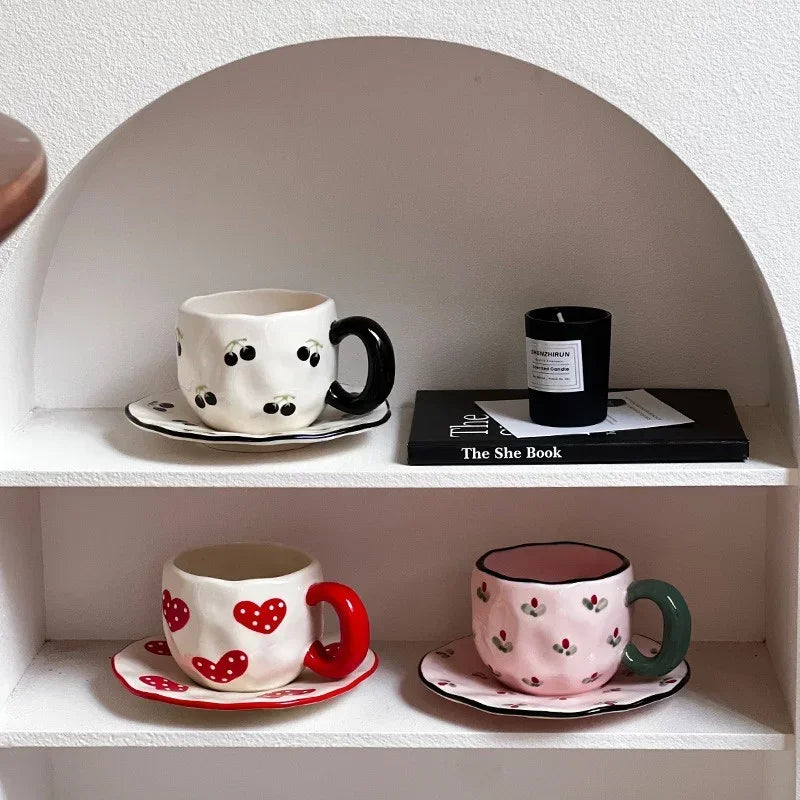 Ceramic Coffe Mug Hand Pinched Irregular Hand-painted Love Heart Cherry Pattern Cup with Saucer