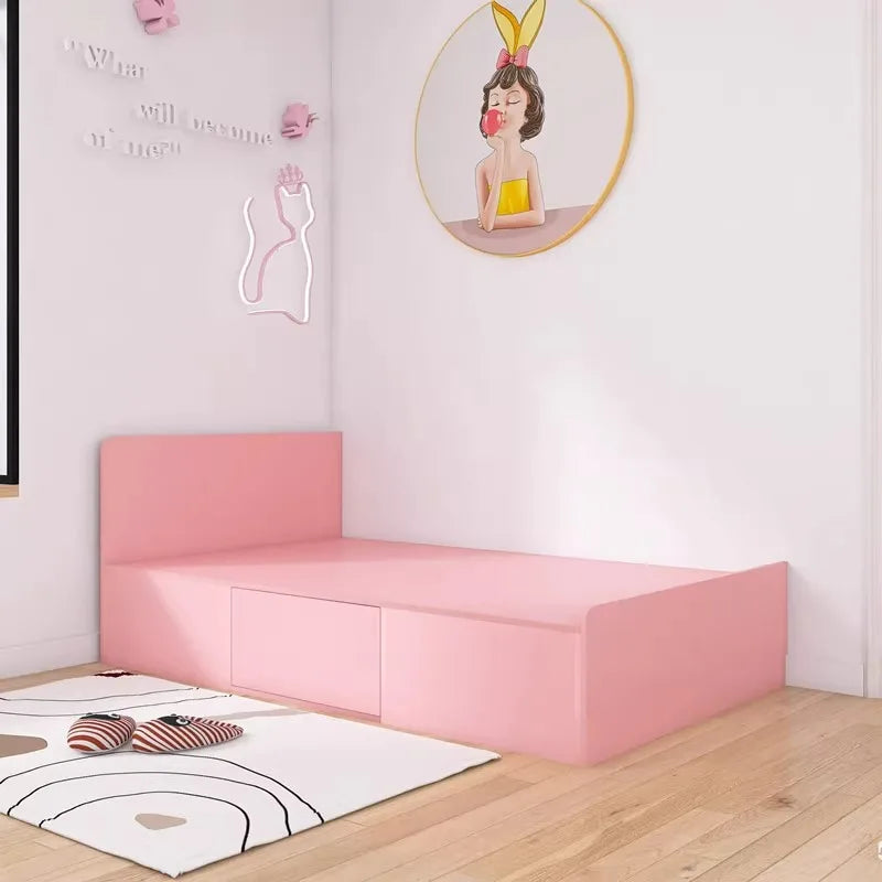 Girl Pink Princess Big Frame, Bedside Bookshelf Bed Integrated With Drawers Storage