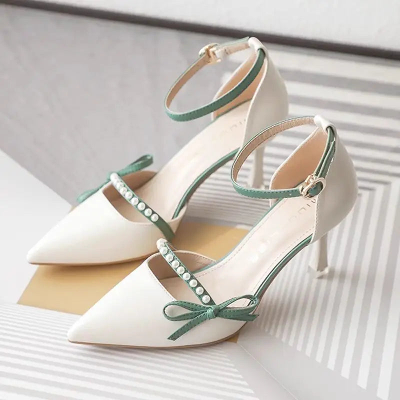 Women Pearl Pumps Heeled Pointed Toe with Side Bowknot
