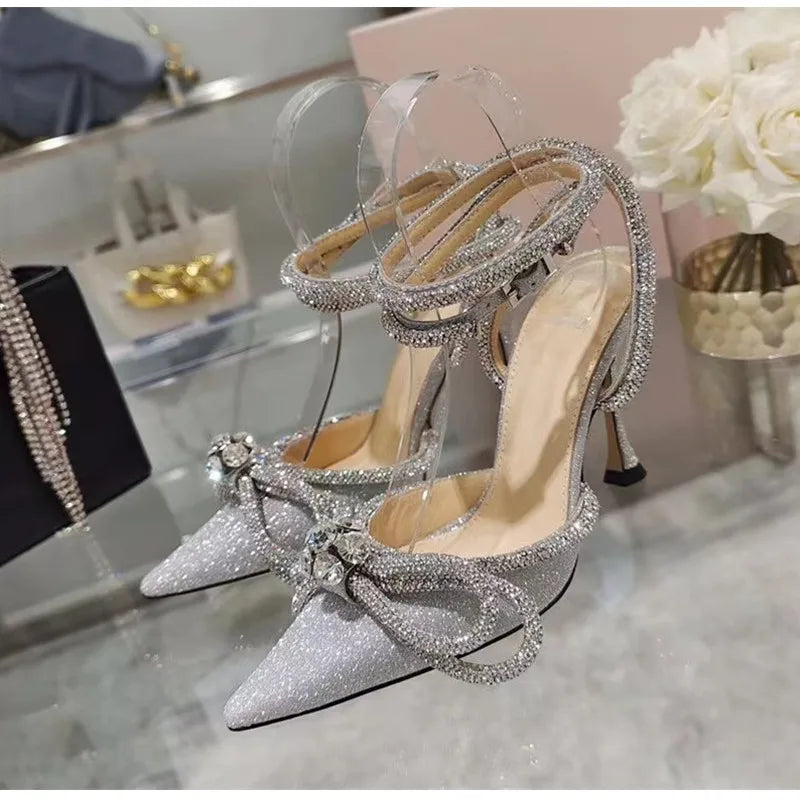 Glitter Crystal Women Pumps Sexy Ankle strap Rhinestones Bowknot High Heels