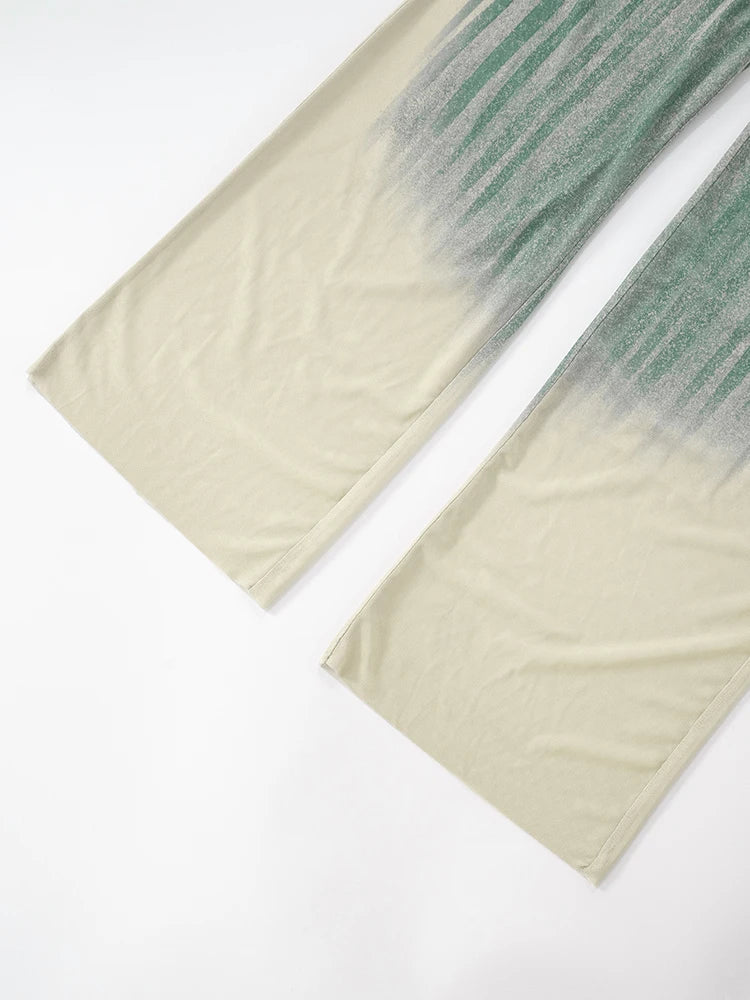 Geometric Print Patchwork 2 Piece Set Women o-Neck Skinny Bodysuit+Wide-leg Trousers Sexy Outfits