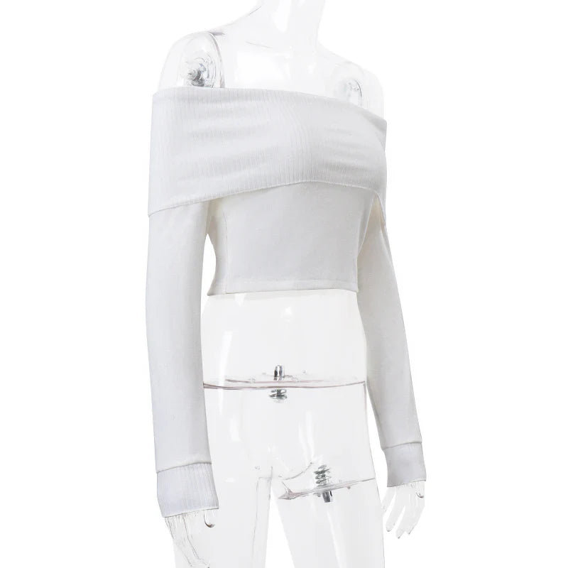 Tight Solid Elegant Off Shoulder Ribbed Crop Tops Summer Fashion Casual Skinny Long Sleeve Camisole