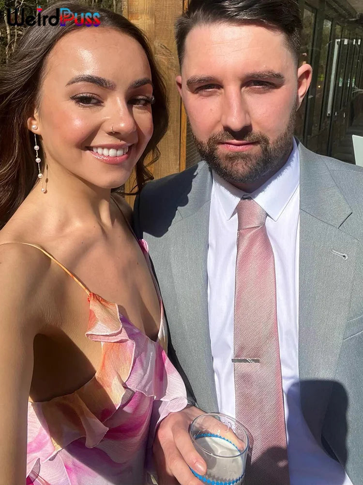 Flower Print Woman Summer Strapless Splits Irregular Tassel Patchwork Backless Skinny Dress