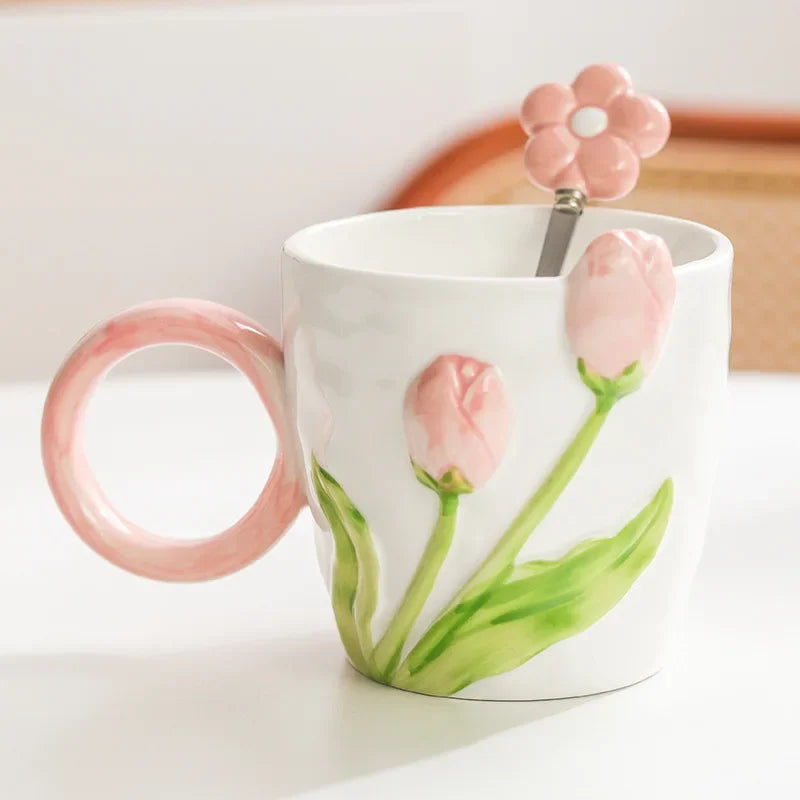 Tulip Flower Ceramic Mug Three-dimensional Design Creative Girl Heart Cup