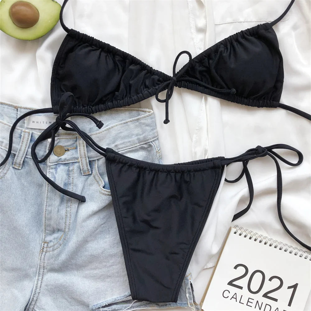 Women Sexy Sling Bikini Micro String Extreme Swimsuit Bikinis Pleated Set