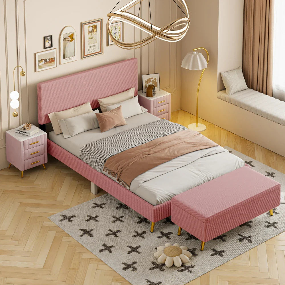 Pink 2 Pieces Bedroom Sets Queen Size Upholstered Bed Frame, Modern Corduroy Storage Ottoman