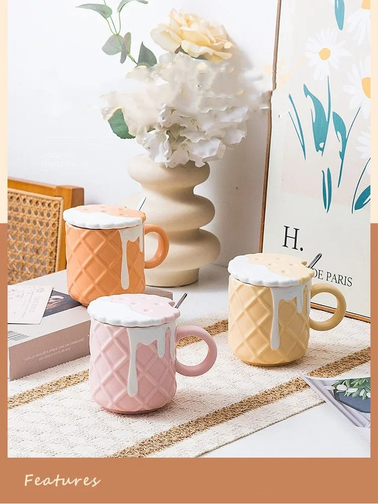 Kawaii Biscuit Pattern With Lid And Spoon Ceramic Cups Cute Cup Drinkware