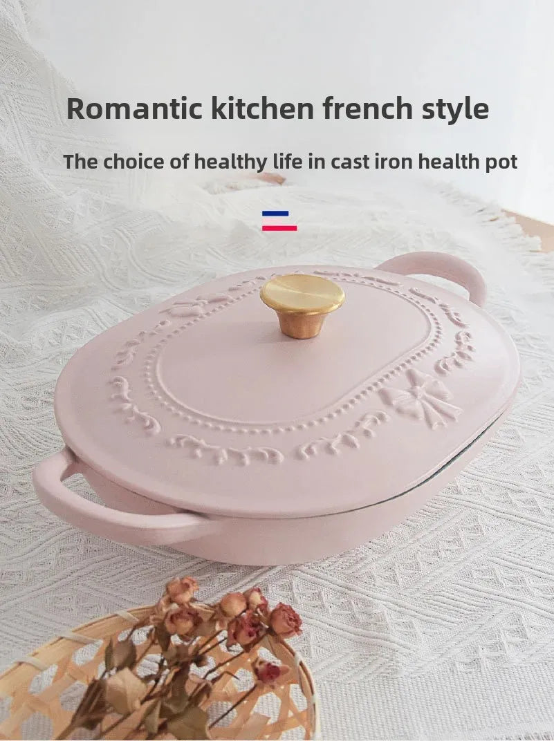 French Romantic Pink Kitchen Enamel Pot Embossed Elliptical Cast Iron Pots Home Stew Pot Grilled Fish Induction Cooker Soup Pots