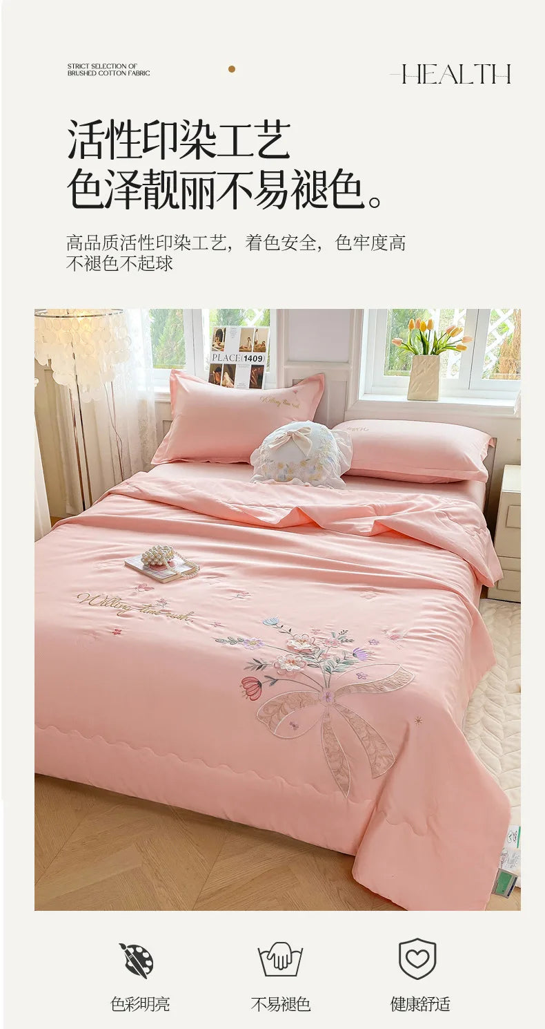 Super Soft Washed Cotton Three-Dimensional Flower Embroidered Summer Quilt Four-Piece Set