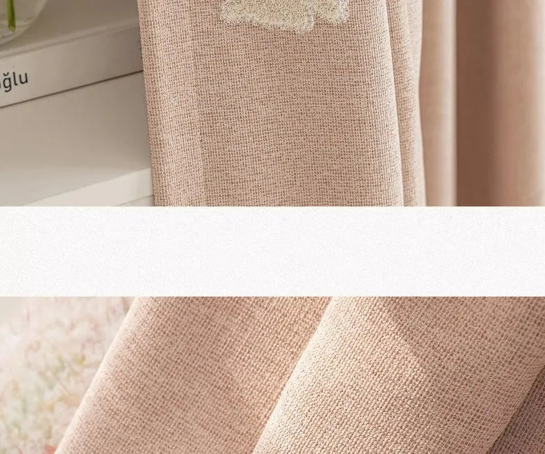 Pink Cartoon 3D Embroidered Rabbit Blackout Curtains for Living Room Bedroom Girls Room Sticky Chenille Drapes Home Decor