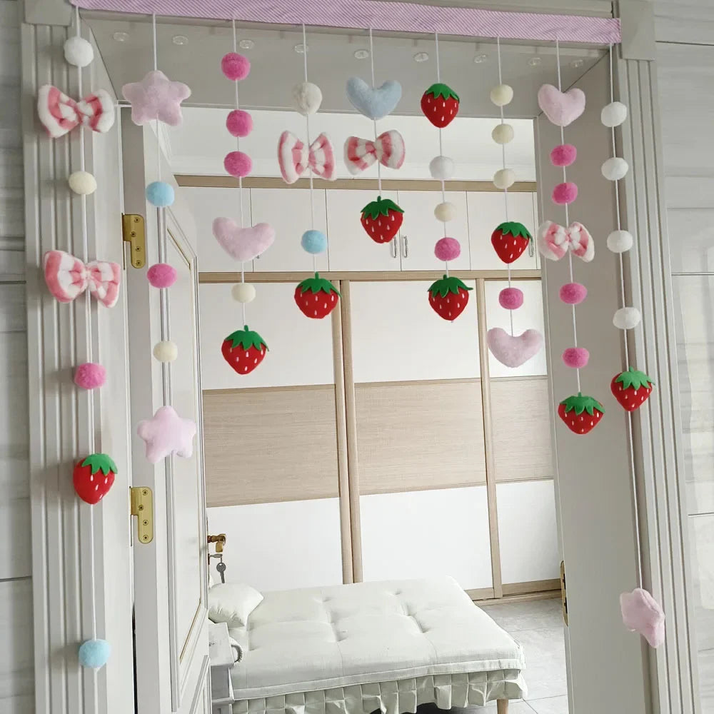 Pink Kawaii Doorway Curtains Plush Strawberry Ball Door Curtain Pendant Melody Bedroom Partition Window Valance Decor Christmas