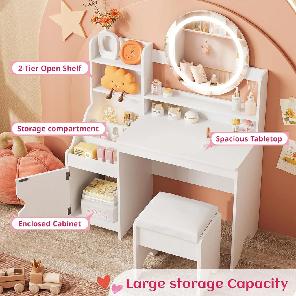 Kids Vanity Desk with Lights Mirror Makeup Vanity Table with Storage Cabinet & Shelves Pink Vanity Set with Chair for Girl
