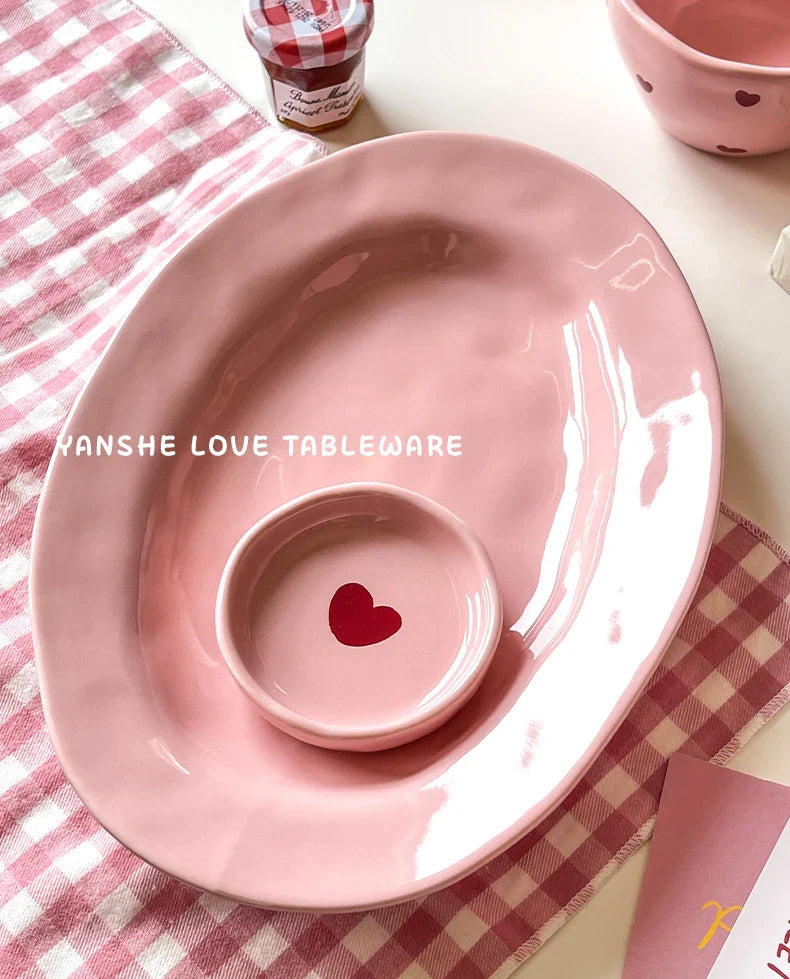 Pink Heart Pattern Ceramic Plate l Cup Bowl Dinner Tableware