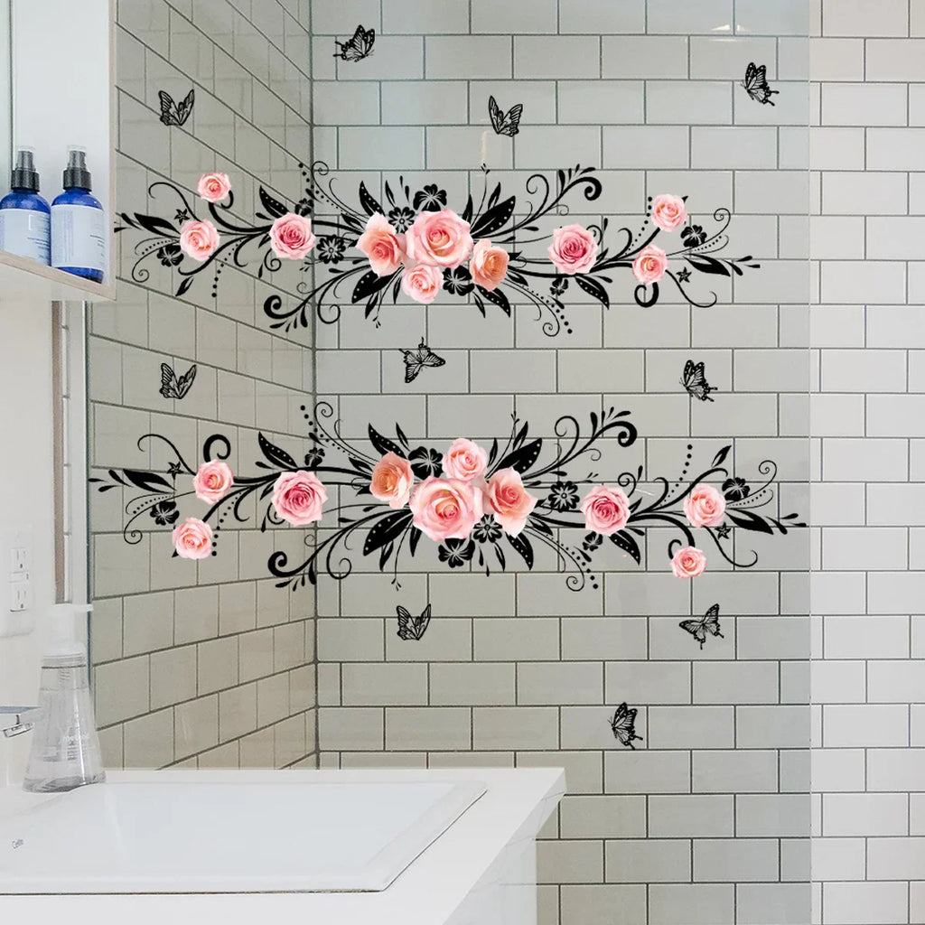 Pink Rose and Black Butterfly Glass Wall Sticker Cozy Living Room Bathroom Bedroom Double Sided Visible Self Adhesive Sticker
