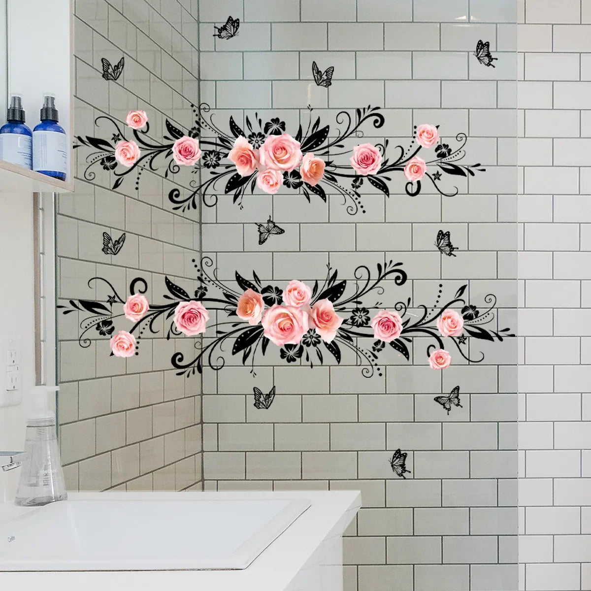 Pink Rose and Black Butterfly Glass Wall Sticker Cozy Living Room Bathroom Bedroom Double Sided Visible Self Adhesive Sticker