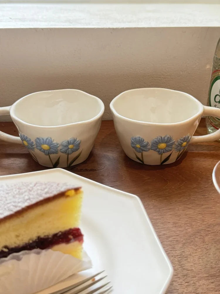 Hand Pinched Irregular Ceramic Hand-drawn Daisy Milk Tea Cup Pink Bow