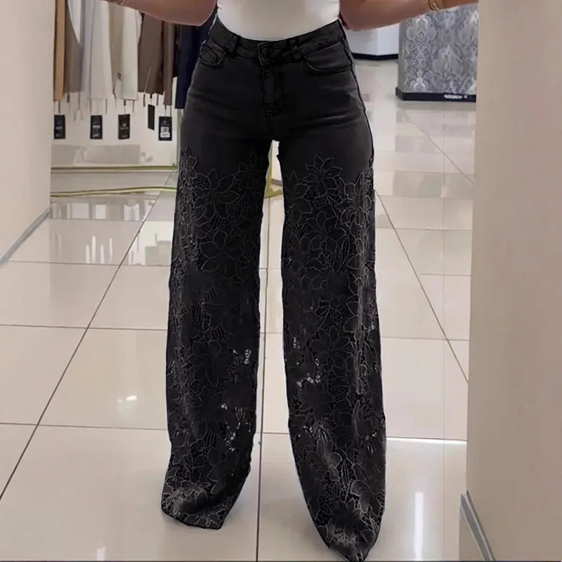 Vintage Hollow Out Lace Flowers Lady Jeans Loose Straight Denim Pants High Street Elegant Summer New Trousers Chic Fashion Pant