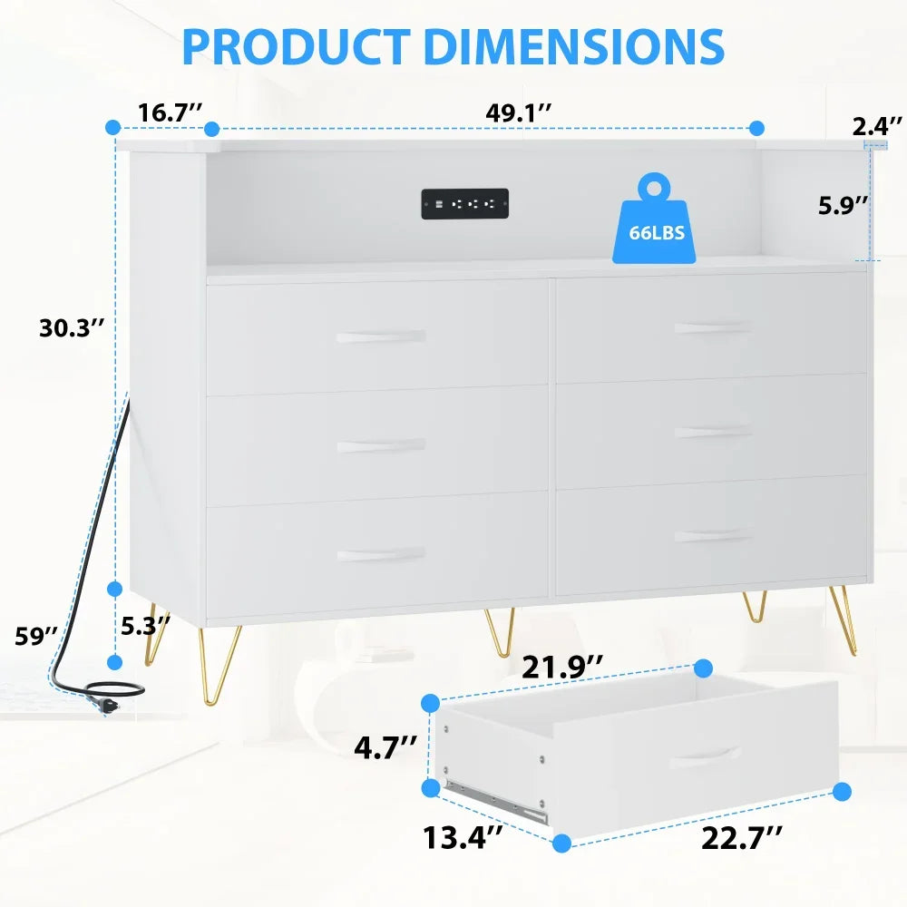 Dresser for Bedroom 6 Drawer with LED Light & Charging Station, Wooden Dressers and Chests of Drawers with 2-Tier Open Shelves