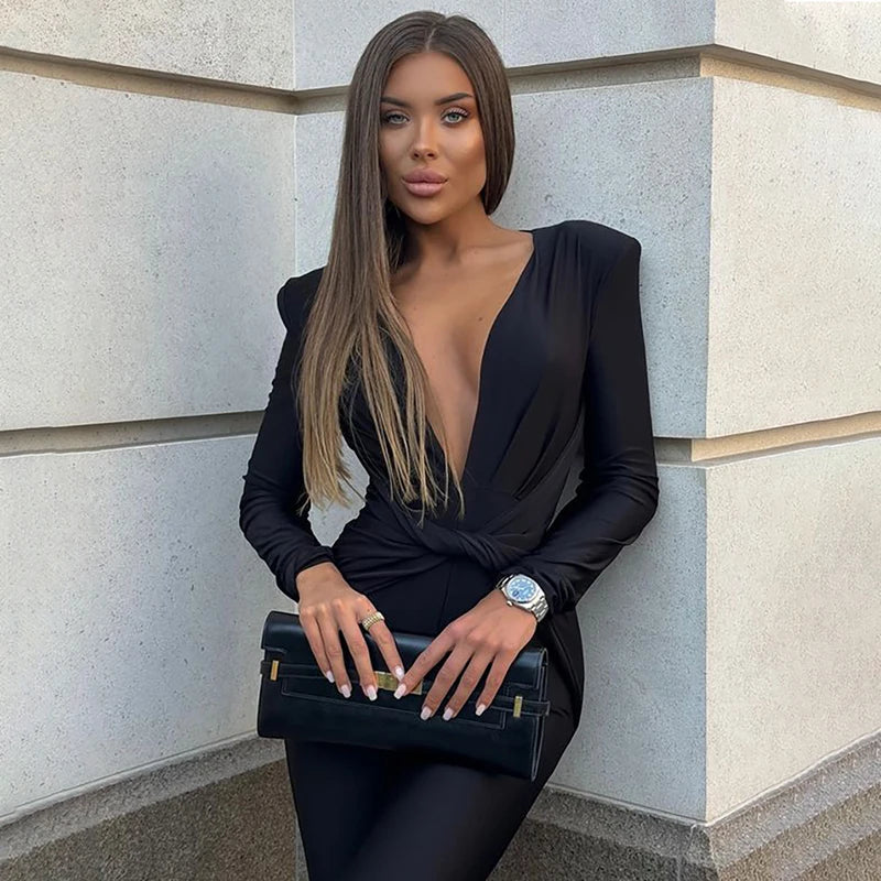 Deep V Neck Long Sleeve Skinny Jumpsuits Rompers Elegant Black High Waist Ruched Slim Sexy Jumpsuit